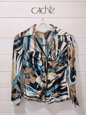 CACHE Blouse – Size S – Bold Retro Print in Blue, Gold & Black vintage